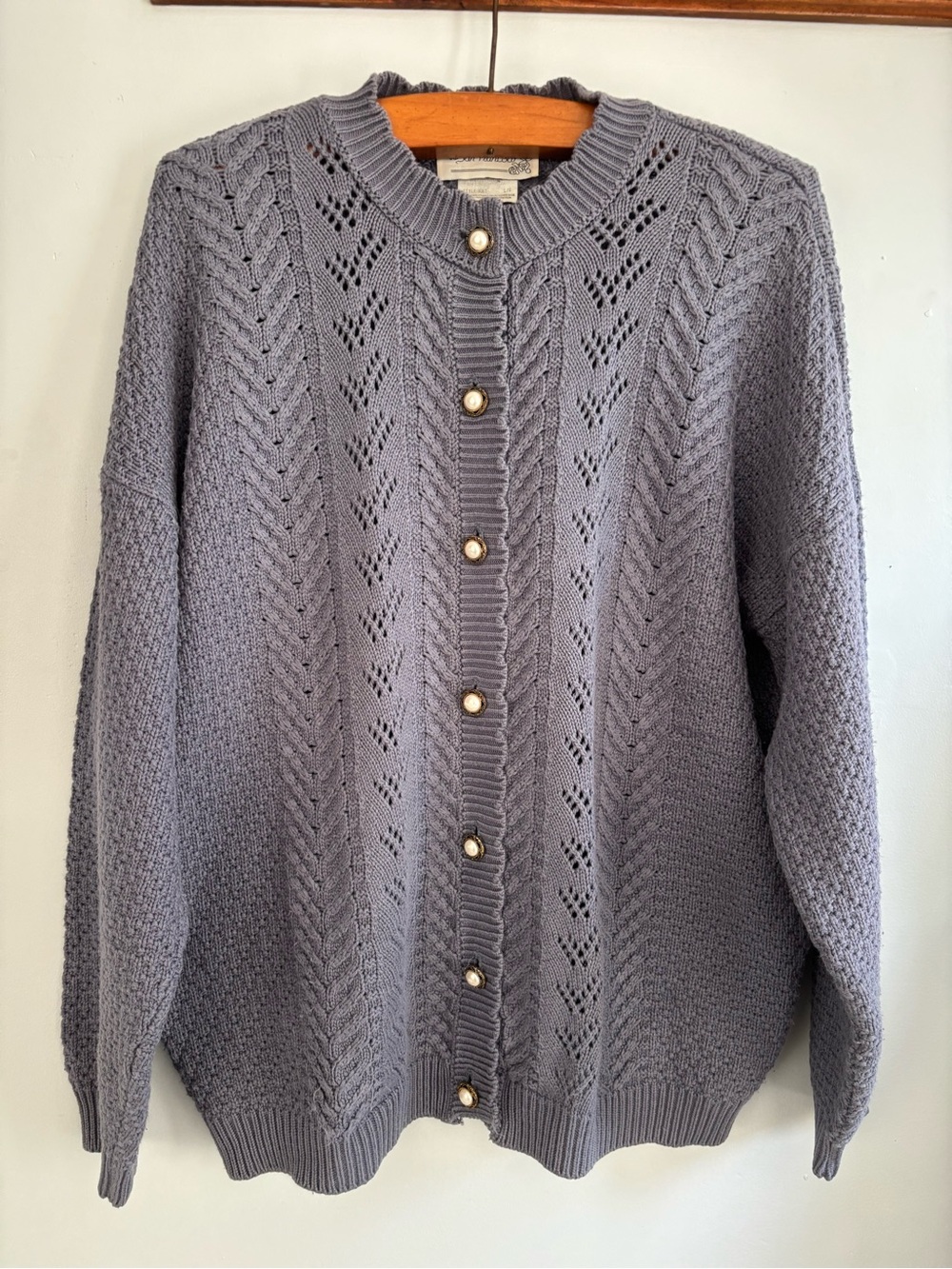 Vintage Pearl-Button Pointelle Knit Cardigan - slate blue